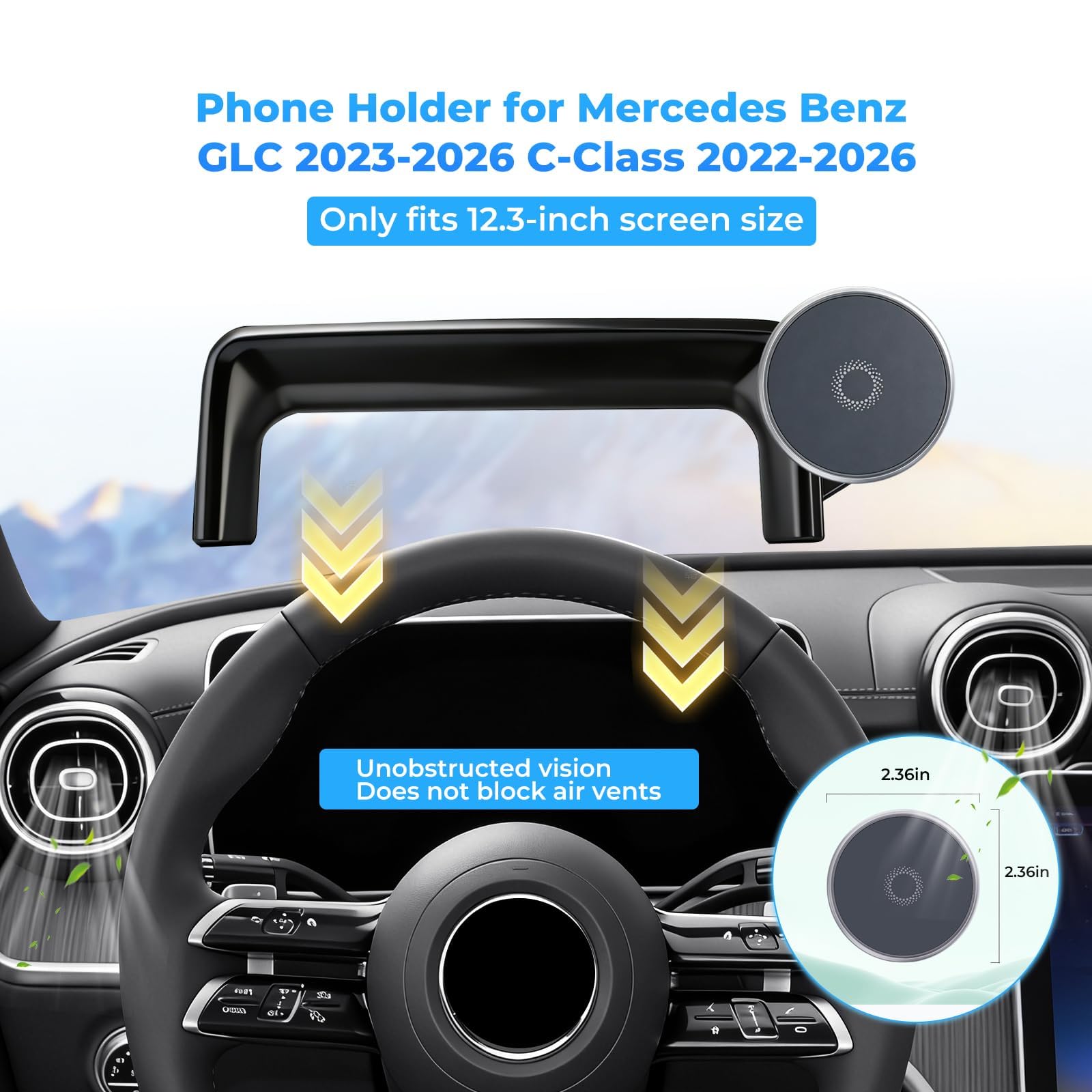 Supporto magnetico per telefono per Mercedes Benz GLC 2023-2026 Classe C 2022-2026 Accessori Schermo da 12,3 pollici, rotazione a 360° per supporto per telefono caricabatterie wireless Magsafe