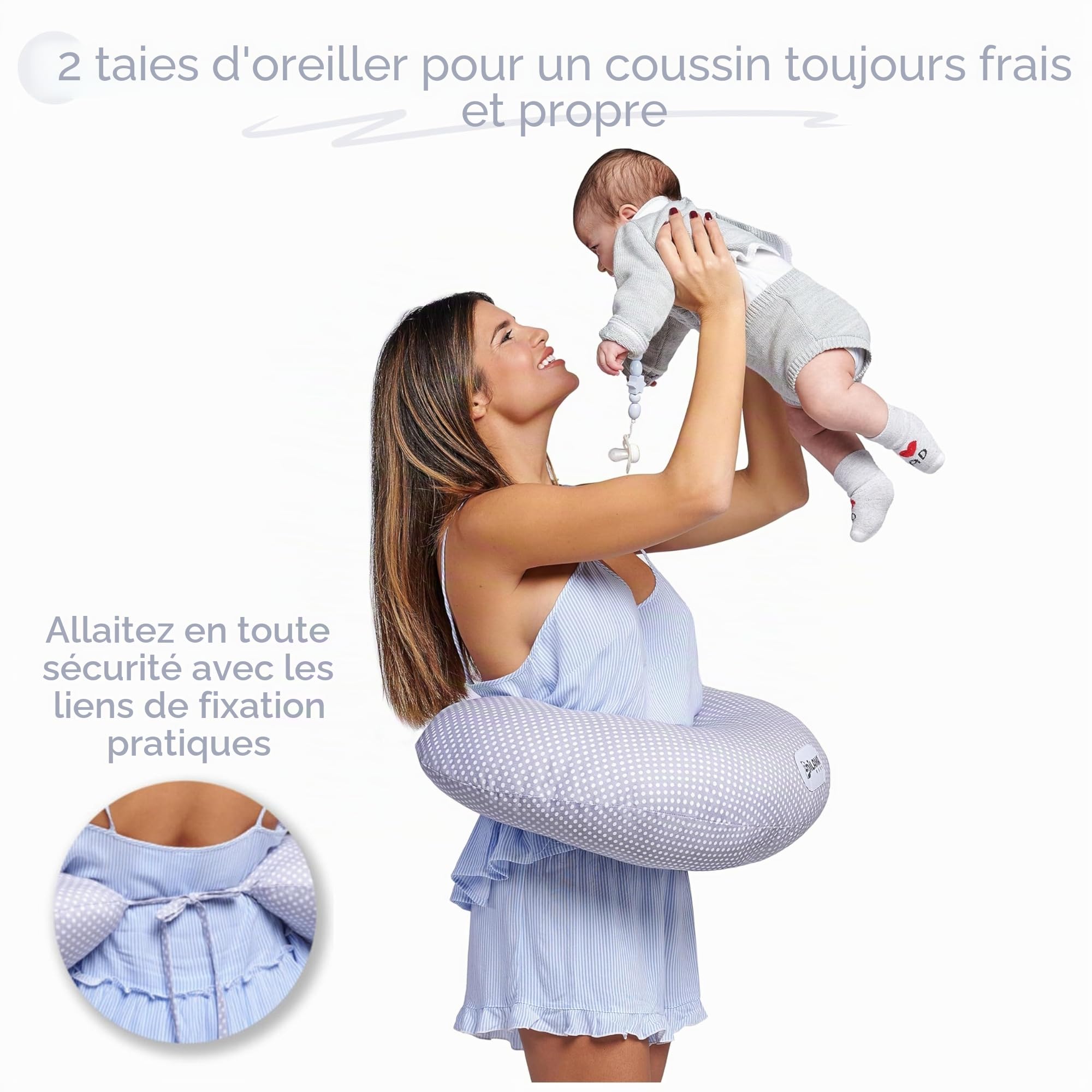 Dilamababy Coussin Allaitement avec 2 Taies d'oreiller 100% Coton Certifié Oeko-Tex Déhoussable Lavable Polyvalent Coussin d'allaitement et Support Bébé