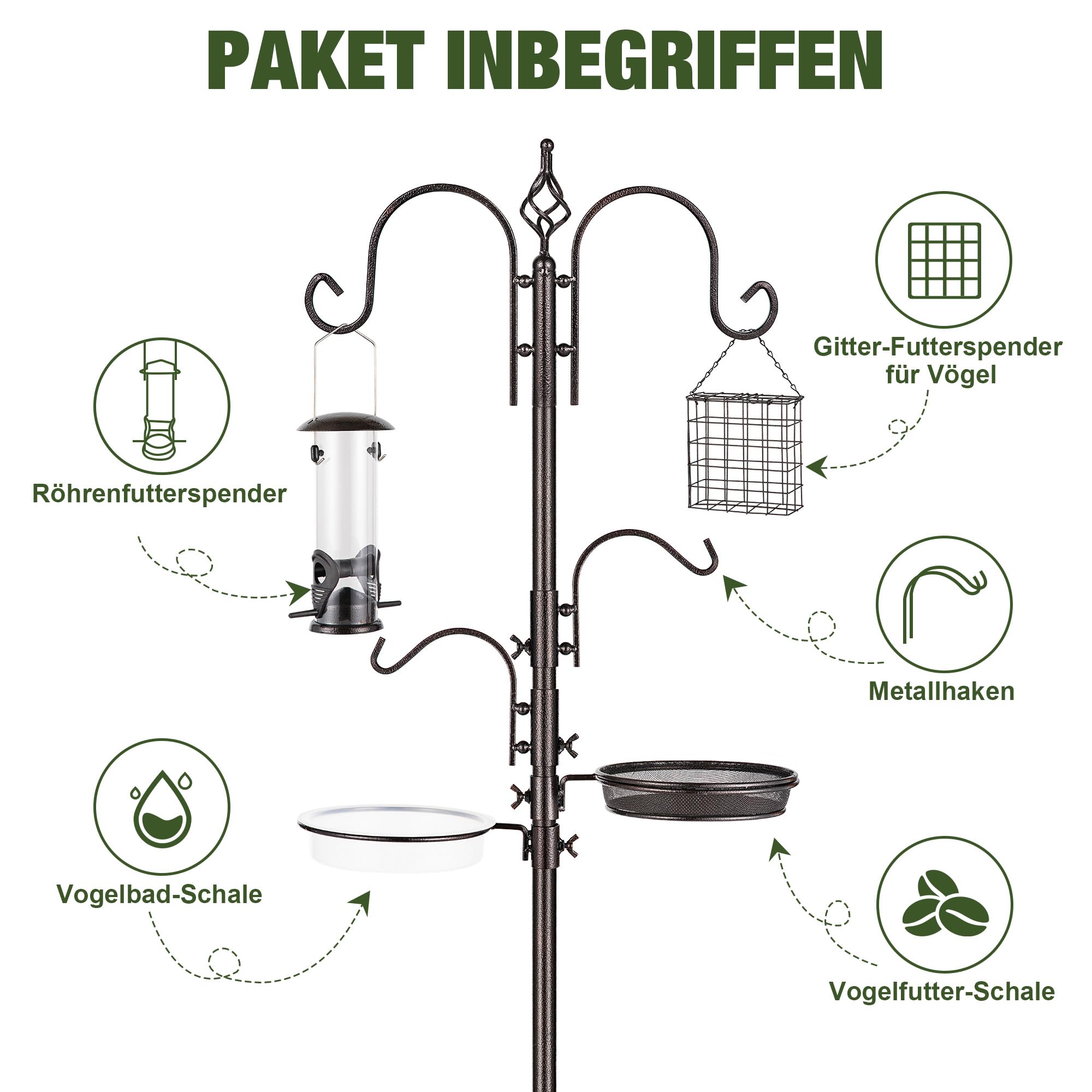 Urban Deco Vogelfütterungsstation Kit Wildvogelfutter Spender Hängeset Multi Feeder zum Aufhängen mit Metall Suet Fütterungsstation Vogelbad um Wildvögel anzulocken