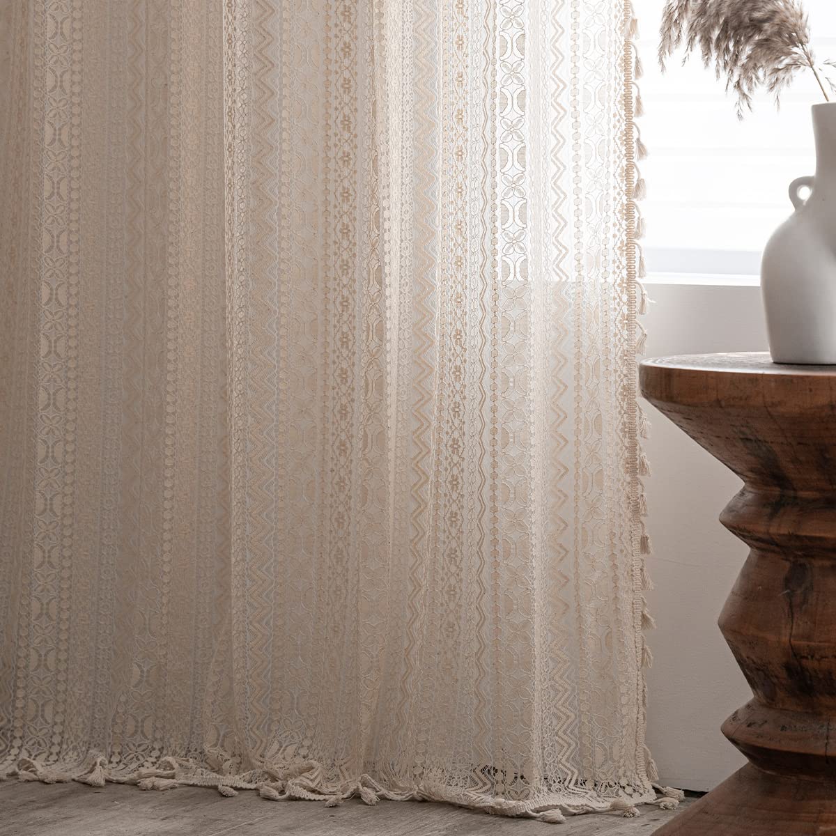 JOOJA 2 Panels Boho Windows Sheer Curtains Crochet Vintage Cotton Tassel Window Curtains Panels for Bedroom Living Room (Crochet Beige Waves, 59x63)