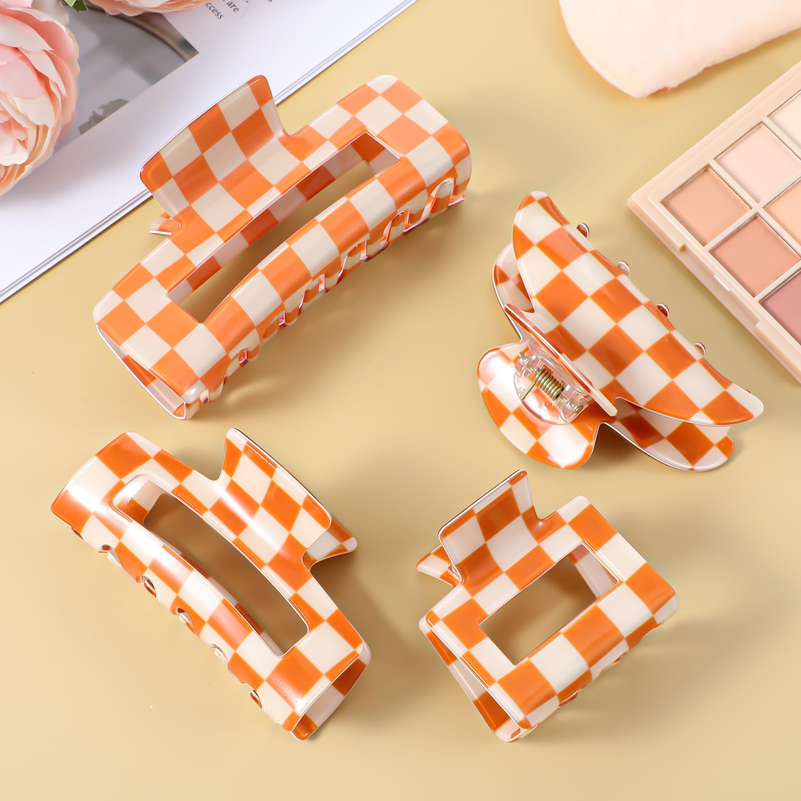 4 pinzas de pelo a cuadros, pinzas antideslizantes para cabello grueso, fino, rizado, liso, largo, estilo simple, naranja y blanco, accesorios para el cabello para mujer