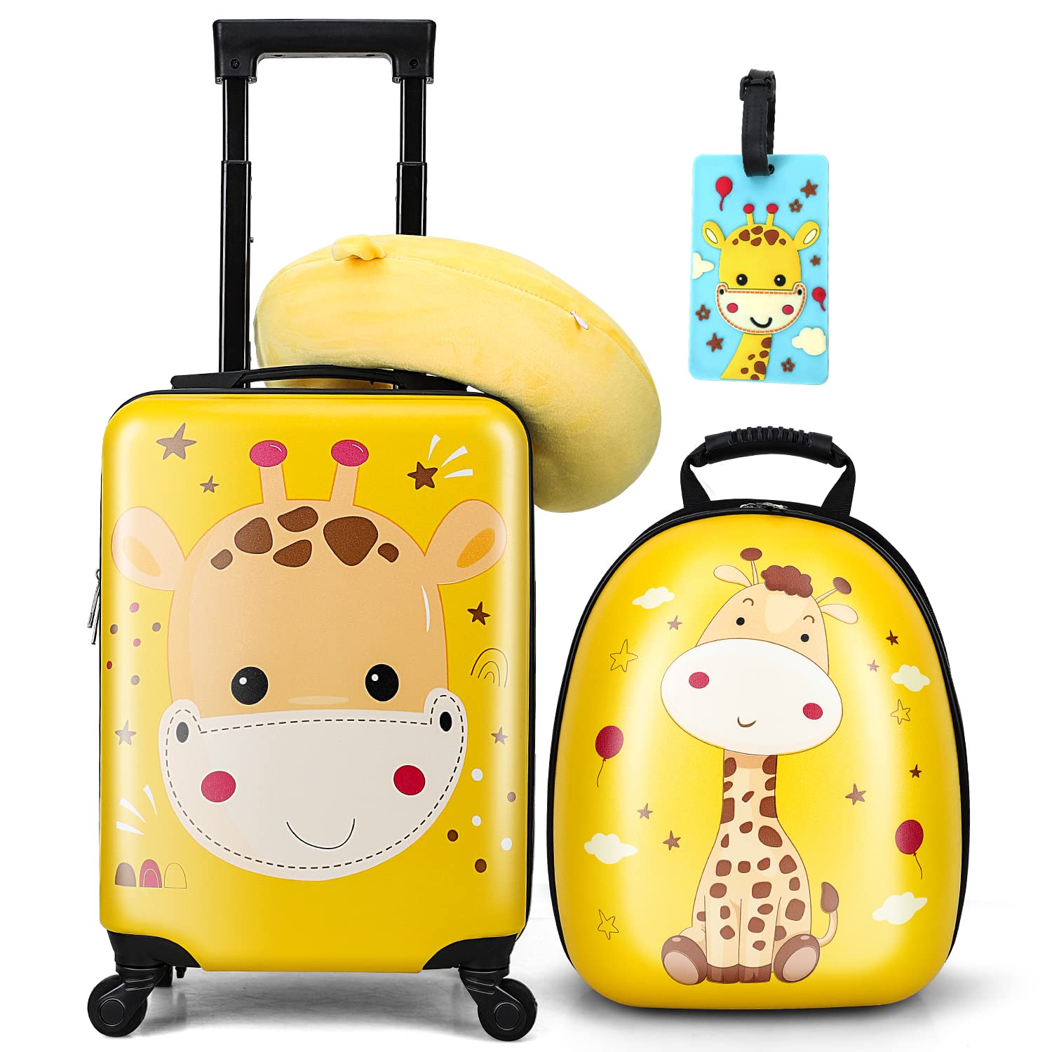 emissary Kids Luggage With Wheels For Girls 18” Giraffe Kids Suitcase With 14” Backpack Kids