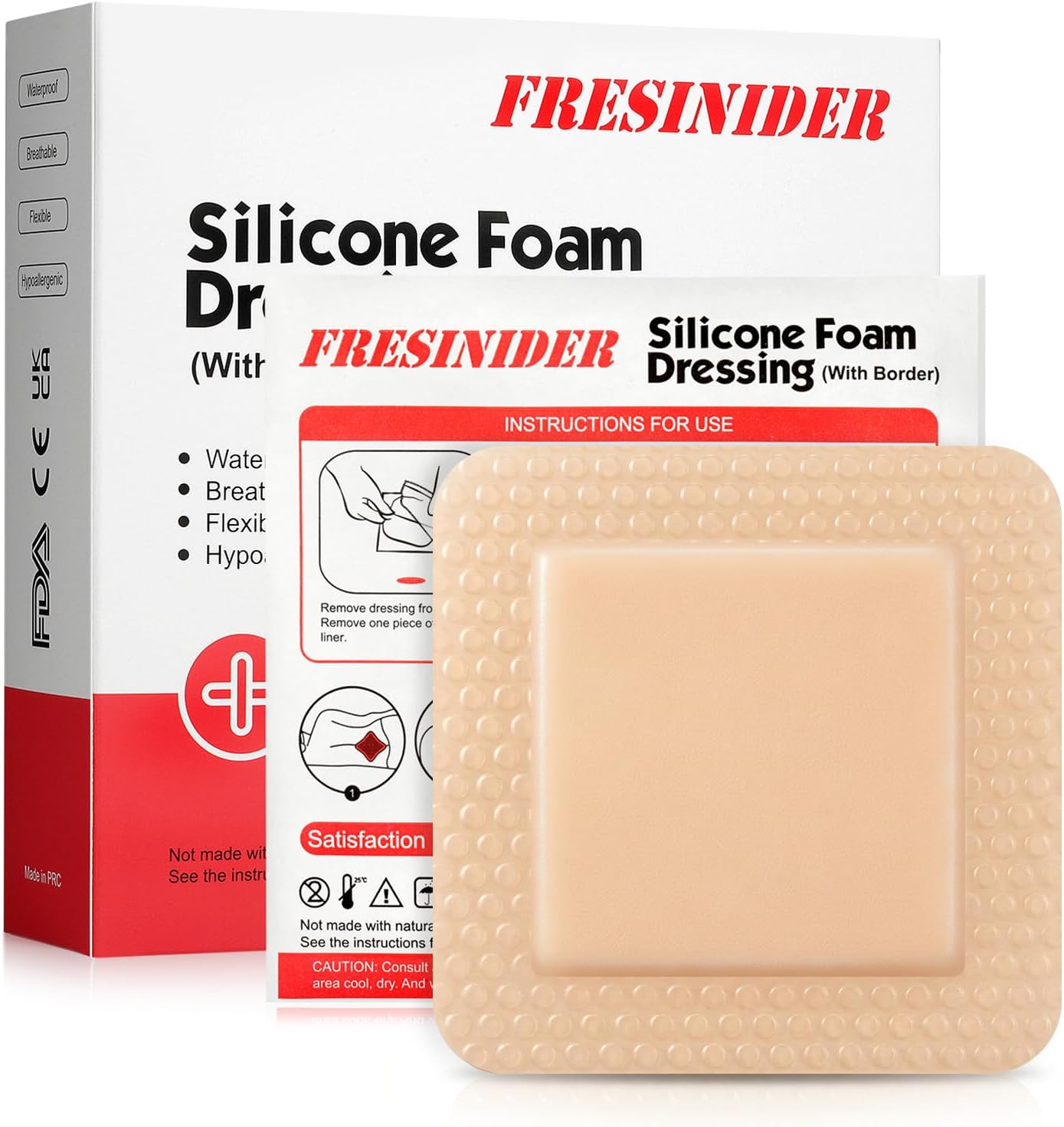 FRESINIDER - Silicone Foam Dressing with Adhesive Edge, Wound Bandage, Silicone Foam Pad, 10 Pack, 4 x 4 Inches, Large Waterproof Bandages, Care of
