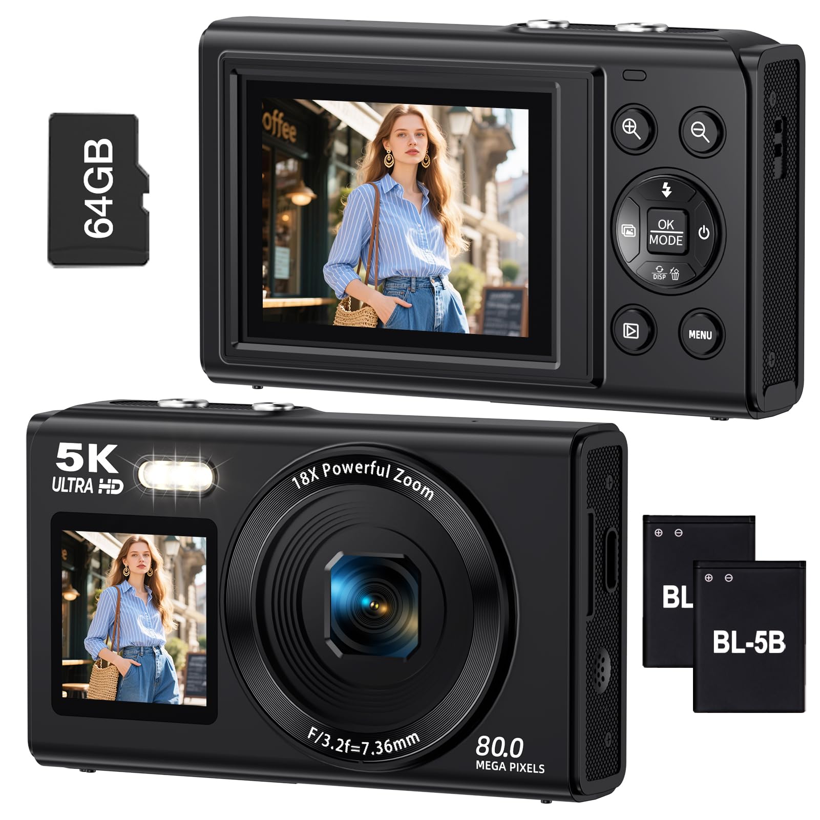Fotocamera digitale a doppio schermo 5K per Vlogging, fotocamera WiFi da 80 MP con display frontale, zoom 18x, luce di riempimento, include scheda da 64 GB e 2 batterie