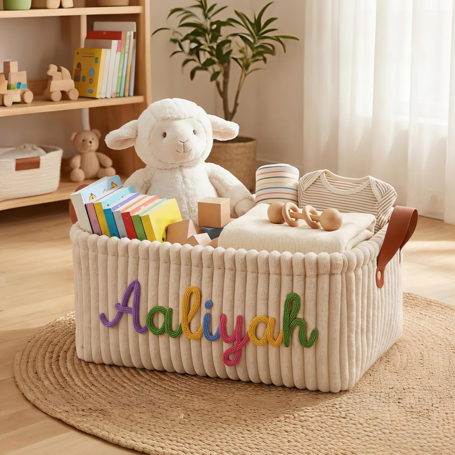 Bfbzyme Khaki Personalized Woven Name Baby Diaper Basket, Custom Corduroy Nursery Organizer Storage Caddy, Foldable Clothes And Wipes Holder For Newborn