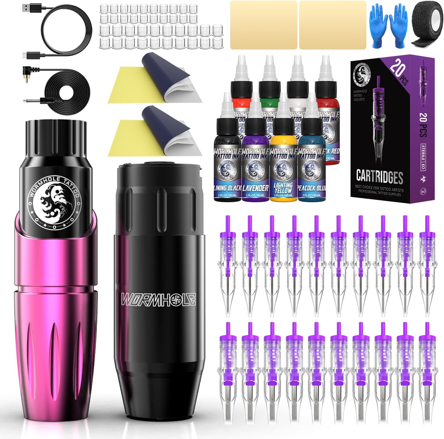 Wormhole Cordless Tattoo Machine, Completely Tattoo Gun Kit with Tattoo Battery Power Supply 20PCS Cartridge Needles 8PCS Colorful Ink TK127