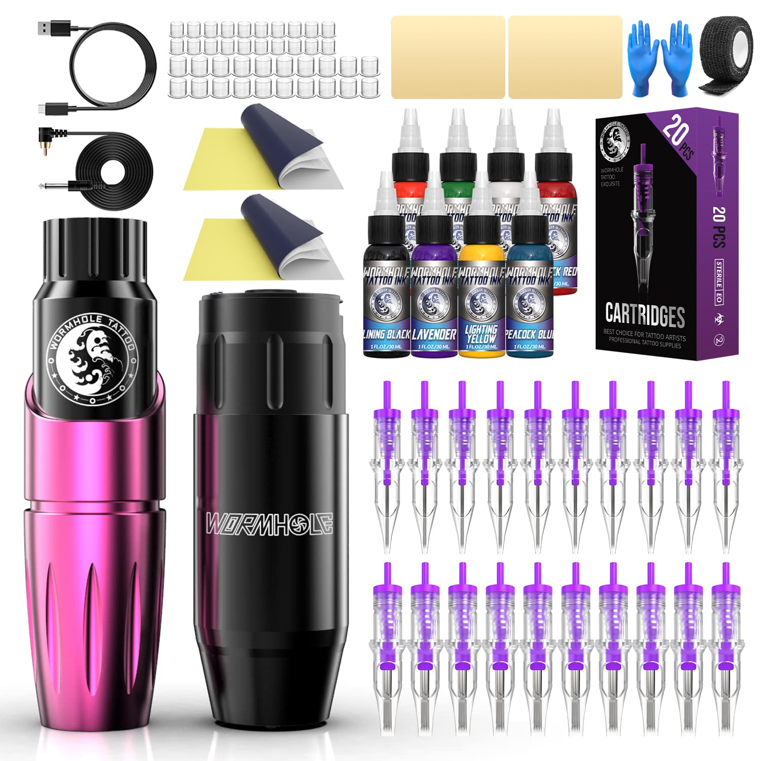 Wormhole Cordless Tattoo Machine, Completely Tattoo Gun Kit with Tattoo Battery Power Supply 20PCS Cartridge Needles 8PCS Colorful Ink TK127