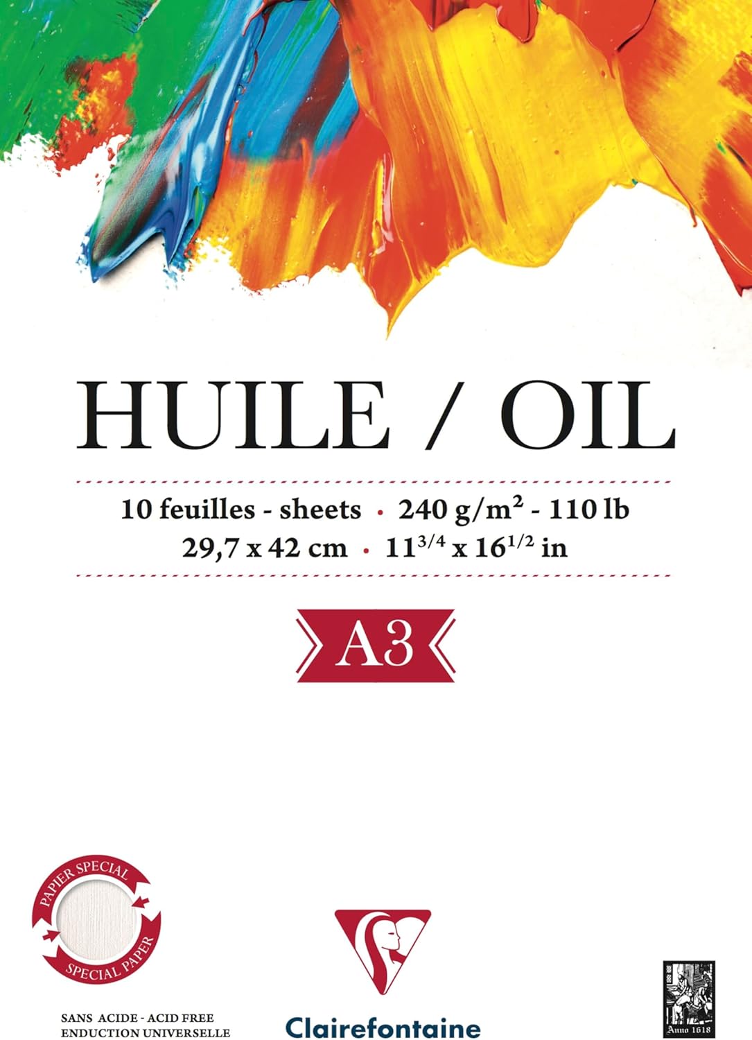 Clairefontaine - Ref 96316C - Oil Paper Pad (10 Sheets) - A3 (420 x 297mm) in Size, 240gsm Paper, Acid Free, pH Neutral - Oil Paint Adheres Well to The Light Textured Paper
