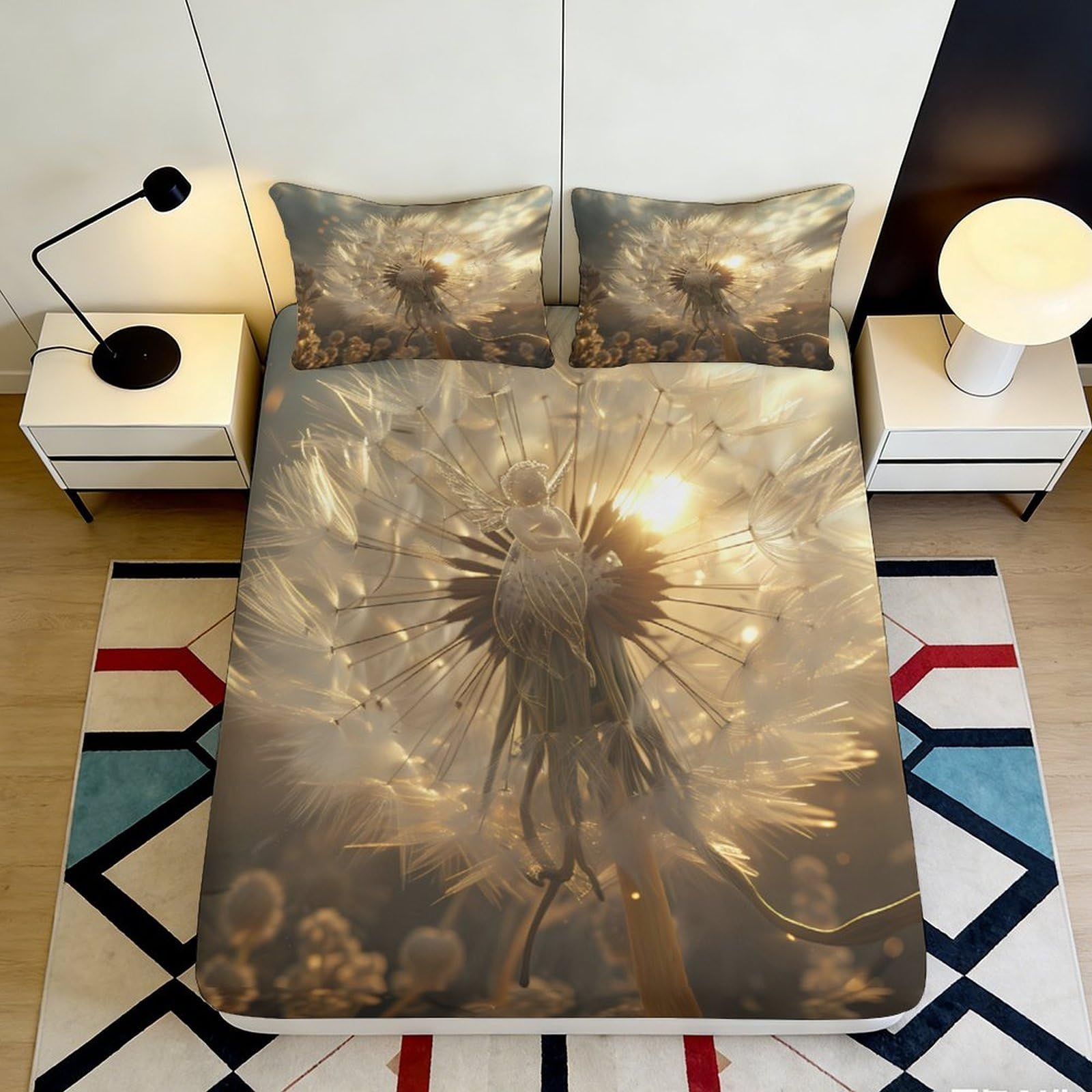 3D Printed Dandelion Fairy Fitted Sheet Microfiber Soft Breathable Dandelion Seed Bed Cover for Bedroom Dormitory Guest Room Mattress Protection 180x200x25cm