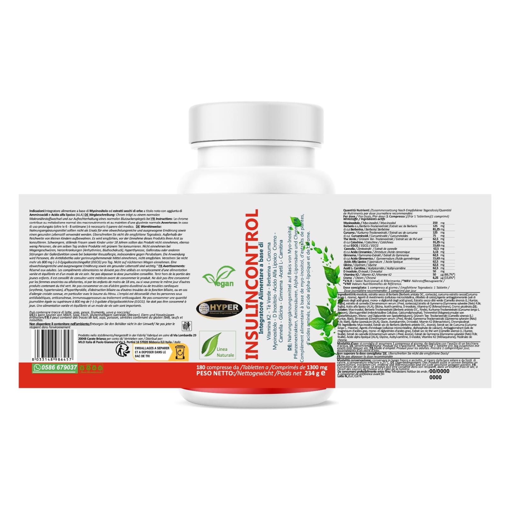 Hyper INSULINCONTROL 180 Comprimés - Complément alimentaire avec Berbérine, Cannelle, Gymnema, Myo Inositol - Taux de Glycémie, Métabolisme, Maintien des Niveaux Normaux de Glucose dans le Sang