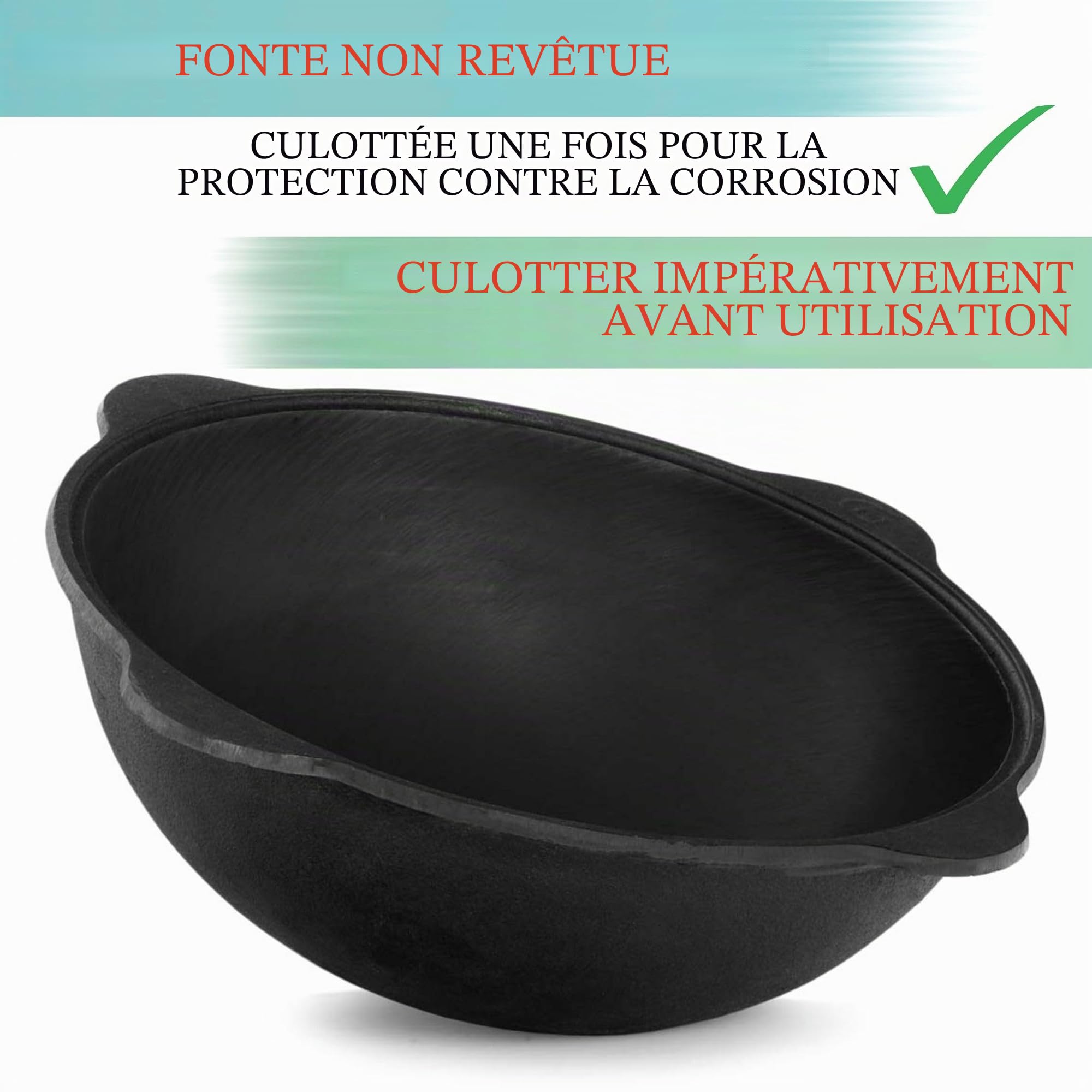Kazan Wok en fonte 8 l (fond rond) avec louche à mousse Namangan Uzbek Kazbek Asia Wok Cast Iron Casserole Camping Usbek avec couvercle en aluminium