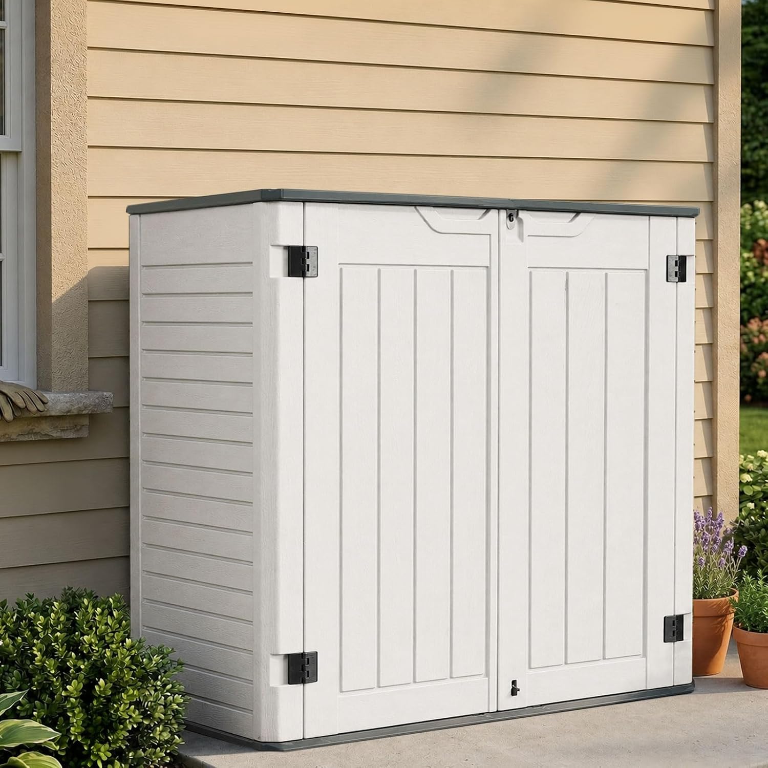 EHHLY Horizontal Resin Storage Shed, 35 Cuft Garden Tool Sheds & Outdoor Storage, Outdoor Plastic Storage Cabinet Waterproof, 4FT Tall Backyard Outside Lawn Mower Storage Shed, White