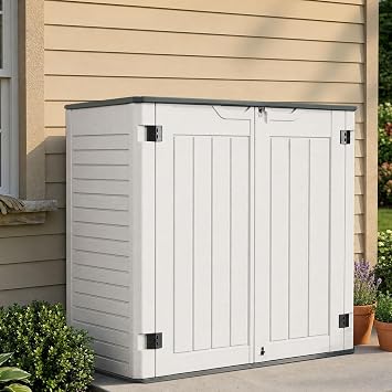 EHHLY Horizontal Resin Storage Shed, 35 Cuft Garden Tool Sheds & Outdoor Storage, Outdoor Plastic Storage Cabinet Waterproof, 4FT Tall Backyard Outside Lawn Mower Storage Shed, White