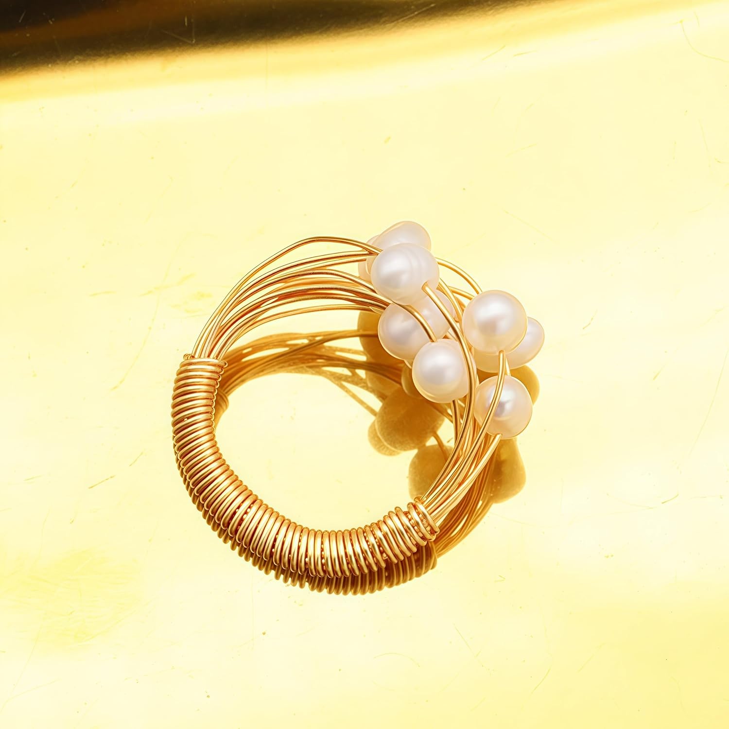 18K Gold Pearl Rings for Women Dainty Natural Freshwater Pearl Ring Gold Statement Rings Minimalist Vintage Adjustable Rings Golden Peal Engagement Ring Party Ring Pearl Jewelry for Mom Wife Lovers - Image 5