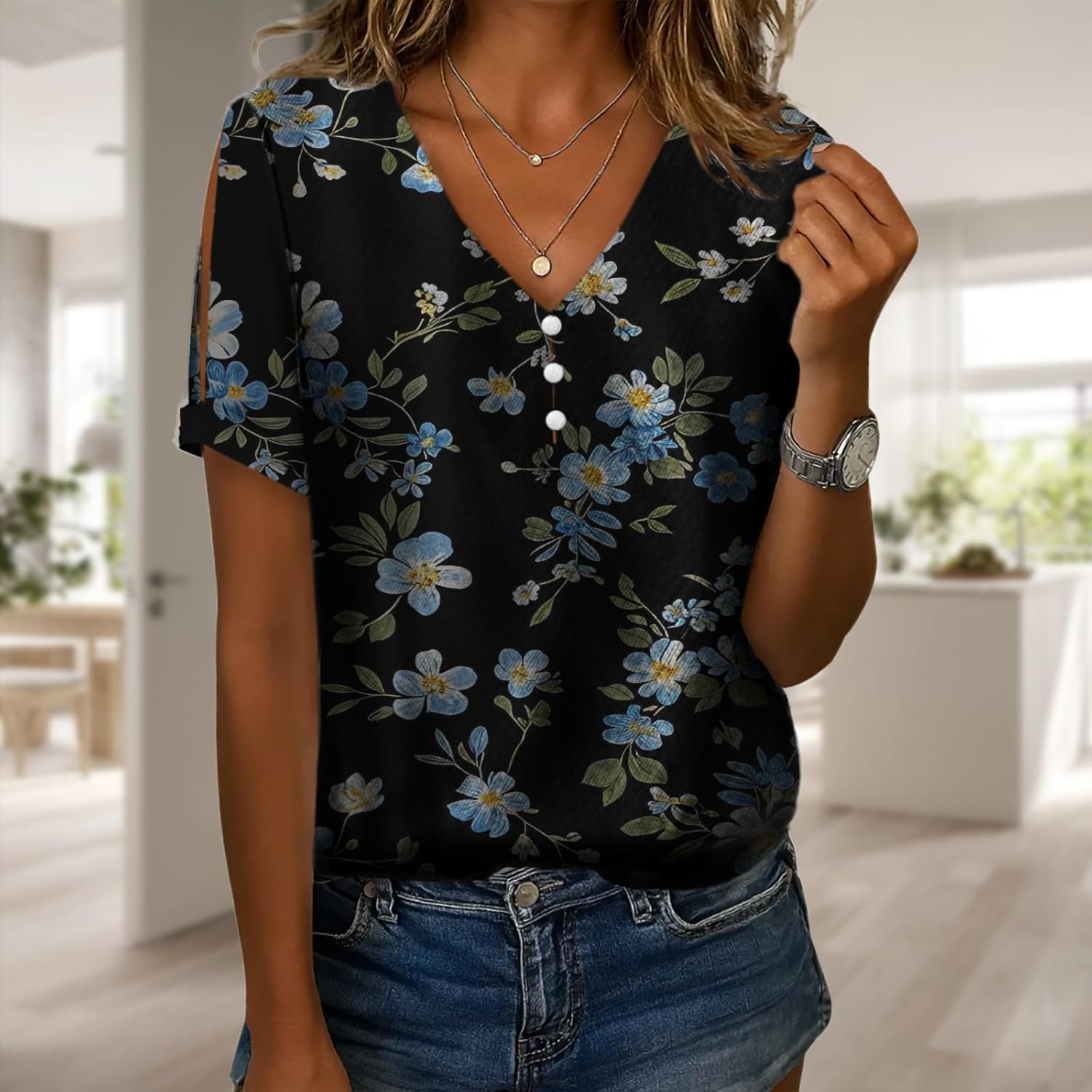 Summer Shirts for Women Trendy V Neck Floral Button Short Sleeve Tops Casual Loose Abstract Art Printed Tees - Image 2
