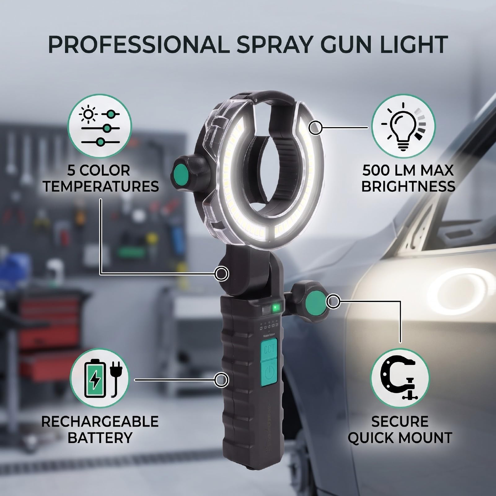 Luz de Pistola de Pintura, Lámpara de Pulverización LED de 500 LM | Luz de Trabajo con Carcasa de Aluminio, 2700K a 6500K y 250 500 LM, Recargable por USB C de 3200 MAh, Se Adapta a Boquilla