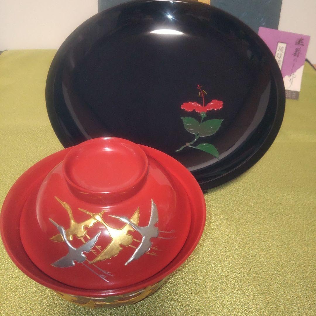 琉球漆器 蓋付 椀 受け皿 盆 伝統工芸品 セット 鶴 ハイビスカス 1客 琉球漆器 蓋付 椀 受け皿 盆 伝統工芸品 鶴 ハイビスカス 2点セット