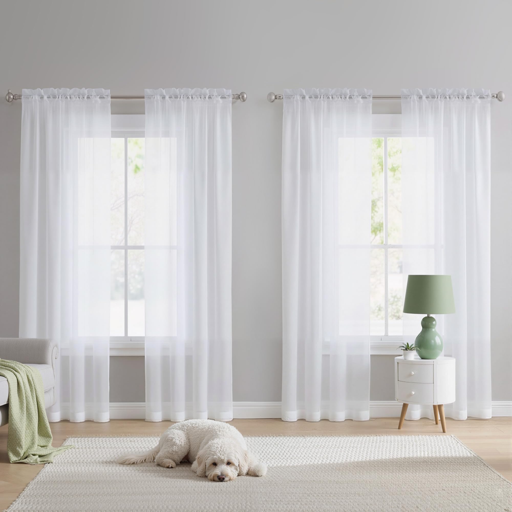 NICETOWN 90 Inch White Sheer Curtains for Bedroom Living Room 4 Panels, 42 inch Wide Rod Pocket Light Filtering Drapes Translucent Modern Voile Airy &amp; Breathable Window Treatment