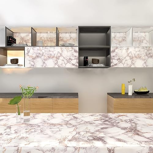 Vista 9 de AbaBoorty Papel de contacto de mármol blanco marrón de 85 x 15.8 pulgadas, papel tapiz de mármol brillante para encimeras de cocina, baño, encimera