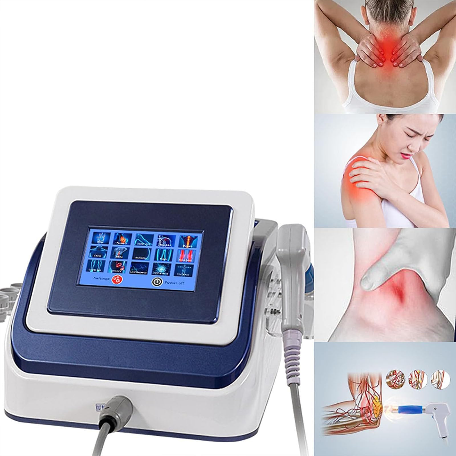Dispositivo Onde d'urto elettromagnetiche(trattamento ED/sollievo dolore muscolare) per tessuti profondi muscolari,con 5 testine massaggianti,forza massima 8 Pa,frequenza lavoro 1-22 Hz,Blue