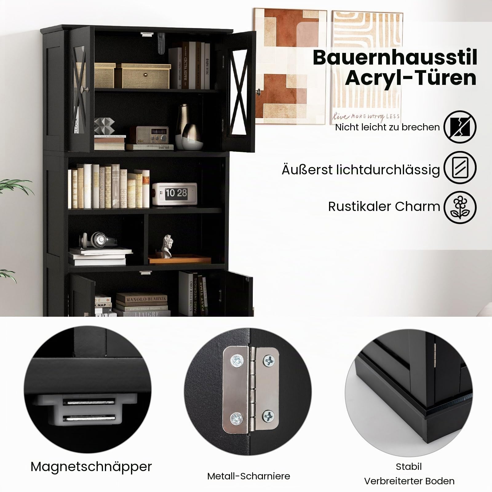 LIFEZEAL Badezimmerschrank Hoch, Freistehender Badschrank mit 4 Türen, Hochschrank mit verstellbaren Regalen, Küchenschrank Organizer für Küche, Bad, Wohnzimmer, 60 x 30 x 145 cm (Schwarz)