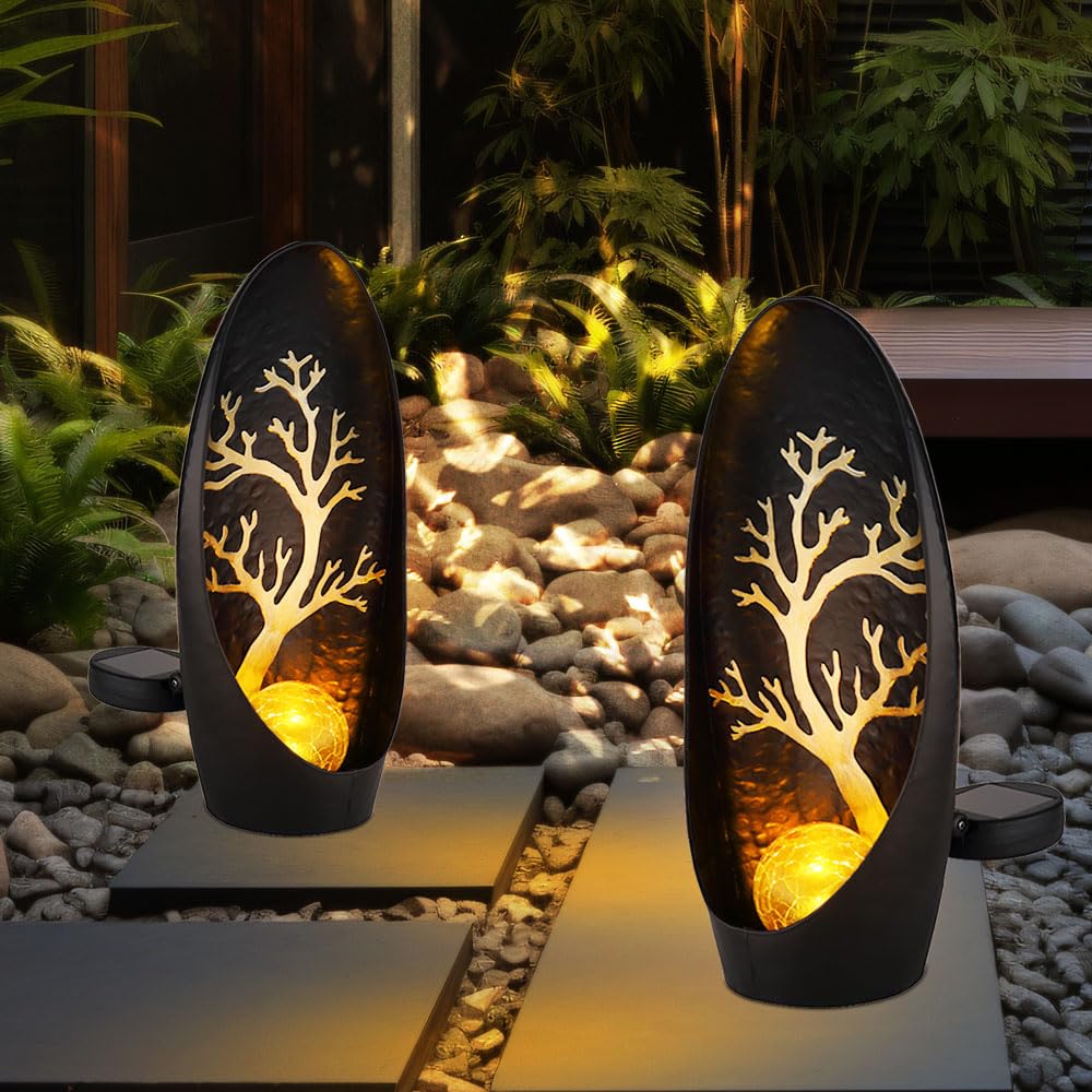 GLOBO Solarleuchte Lotusblume Außen Garten Dekoleuchten Solar Außenleuchte Solar Blume, Crackle Glas Lichteffekt, 1x Lotusblume 1x Stehlampe, LED warmweiß, 2er Set