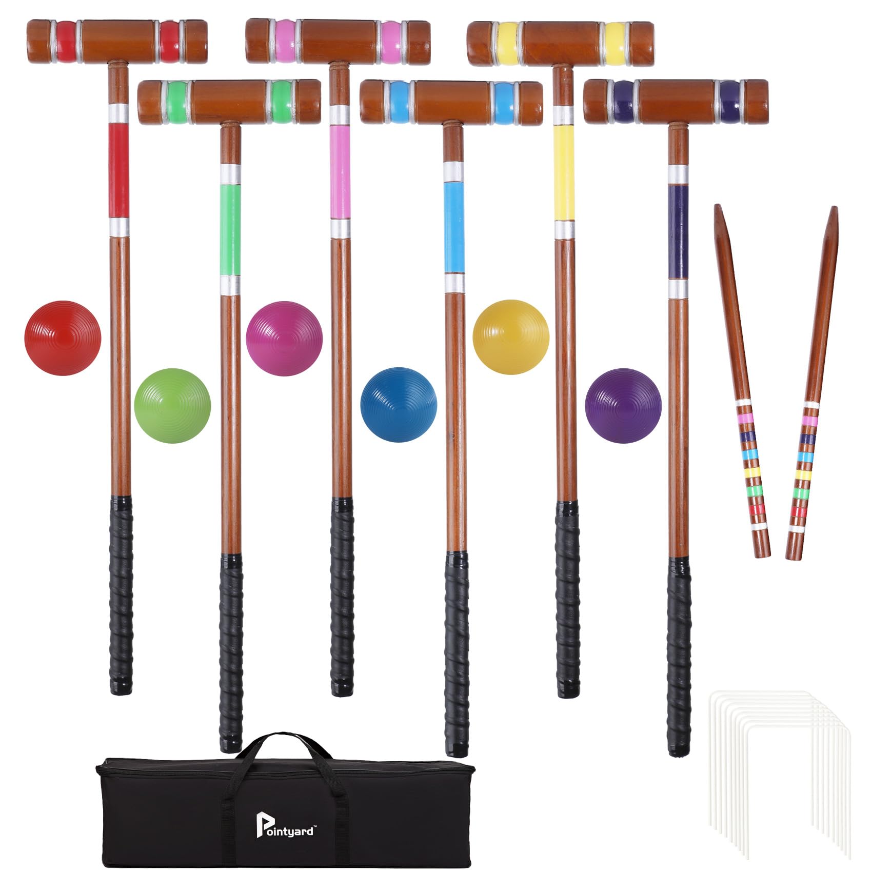Pointyard Six Player Croquet Set, 28’’ Croquet Set with Wooden Mallets/Colored Ball/Wickets/Stakes for Adults/Teenager/Family-Perfect for Lawn/Backyard Game/Park (Mahogany Color)