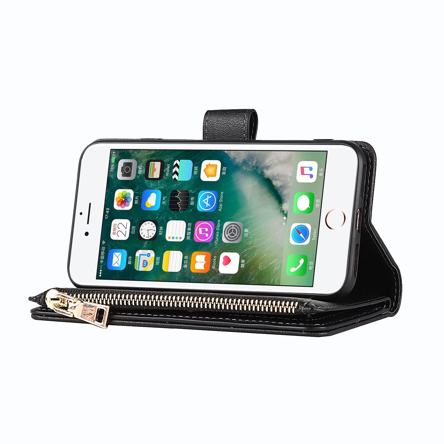 Cavor Cover Compatibile Con iPhone 7/8/SE 2020/2022 con Cordino,Flip Portafoglio Custodia pelle,[9 Porta Carte][Magnetico],Custodia Cover con Laccio Compatibile Con iPhone 7/8 - Nero