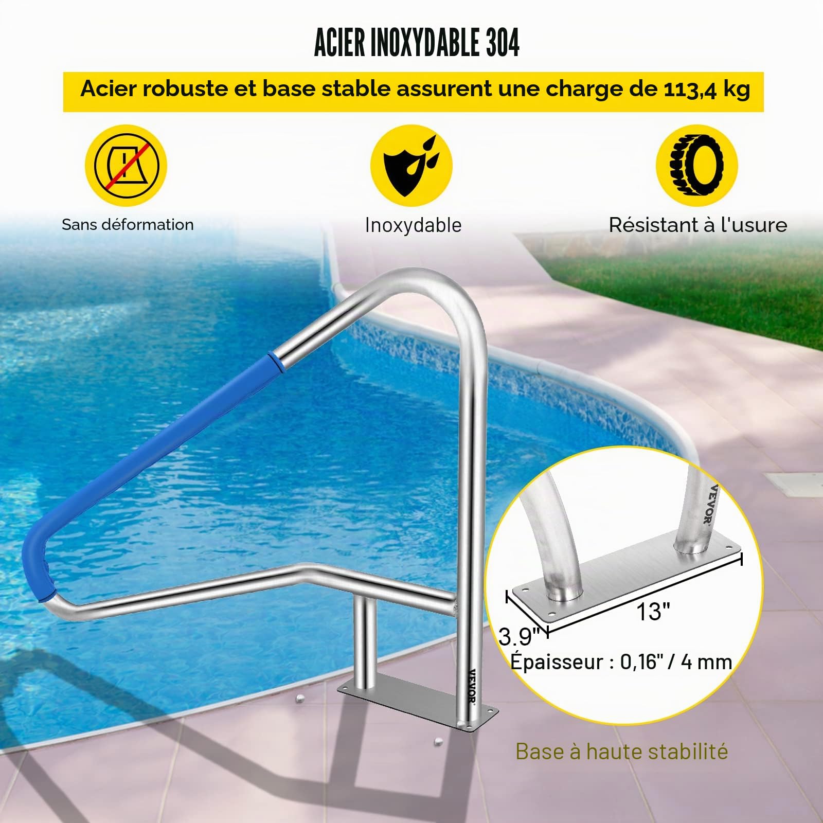 VEVOR Rampe Piscine INOX Main Courante Rail Barre d'Appui de Piscines Tube avec Housse Poignée pour Sortie Entrée Piscine Spa Parc Aquatique (54 x 36 Pouce / 137 x 91,4 cm) BXGYCFS4W54X36YC1