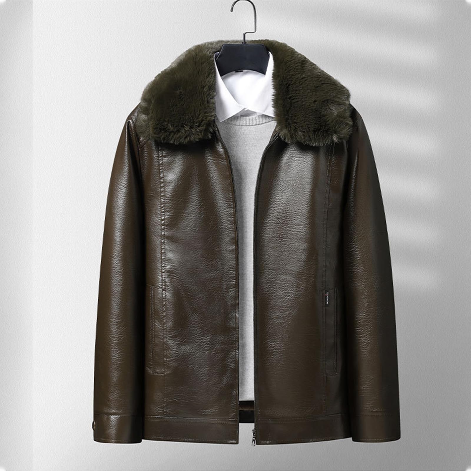 SOOUICKER Lederjacke Herren Winter Gefüttert Bomberjacke Fell Kunstleder Winterjacke Leder Warm Motorradjacke Vintage Fliegerjacke mit Fellkragen Hemdjacke Reißverschluss Elegant