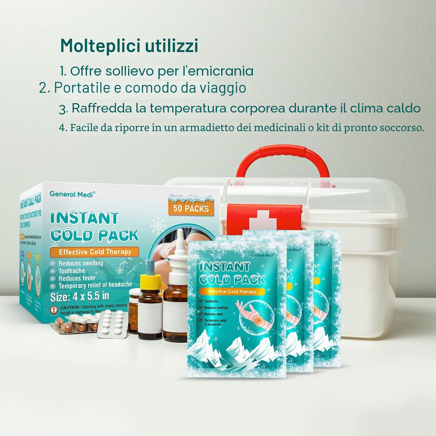 General Medi Impacco freddo istantaneo - Confezione da 50 pezzi - sollievo dal dolore Cold Cool Freeze infortunio sportivo Impacchi di ghiaccio (10 x14 cm)