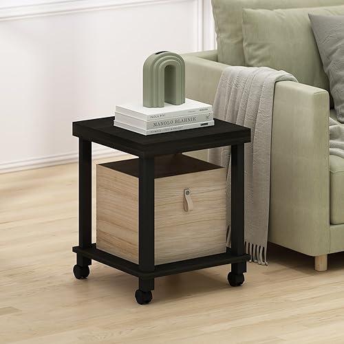 Miniatura 2 de Furinno Turn-N-Tube Mesa auxiliar, mesa auxiliar de mesa de 2 niveles gruesos con ruedas, mesa de noche de montaje sin herramientas, mesa de noche