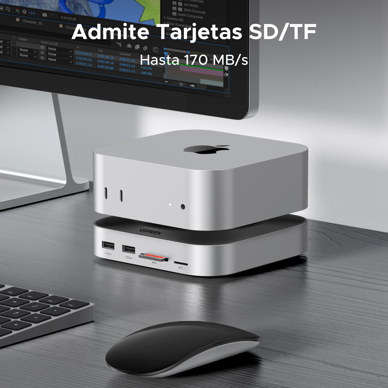 UGREEN Docking Station Compatible con Mac Mini M4 y M4 Pro Dock Station Hub USB C 10 en 1 con Carcasa M.2 NVME SSD Lector de Tarjetas TF SD 7 Puertos USB 10Gbps 5Gbps