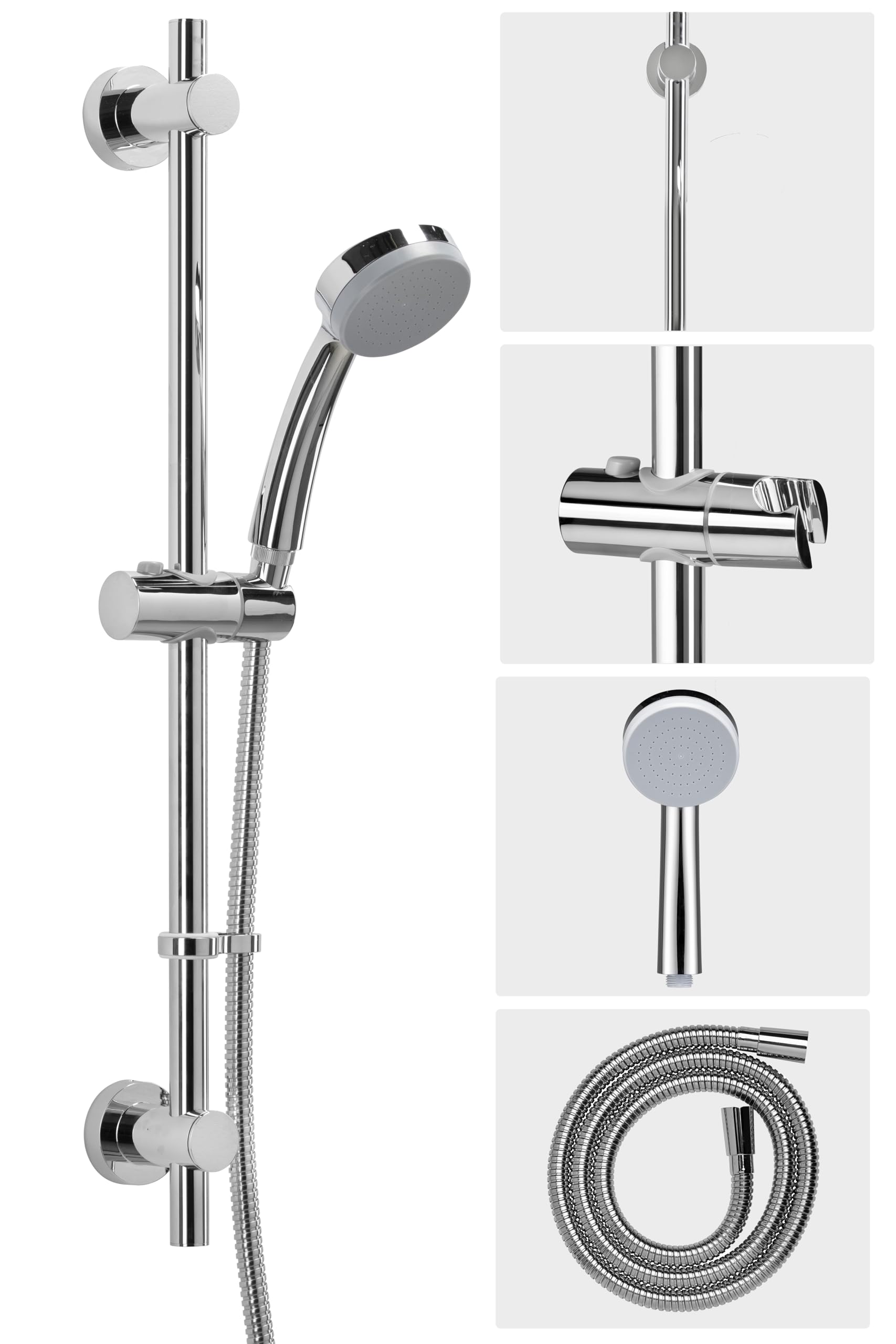 Croydex Chrome Presion Shower Riser Rail Kit - 68Cm Riser Rail, Pressure Boosting Shower Head, 1.5M Stainless Steel Hose And Adjustable Handset Holder, With Flexi-Fix Wall Brackets (Chrome)