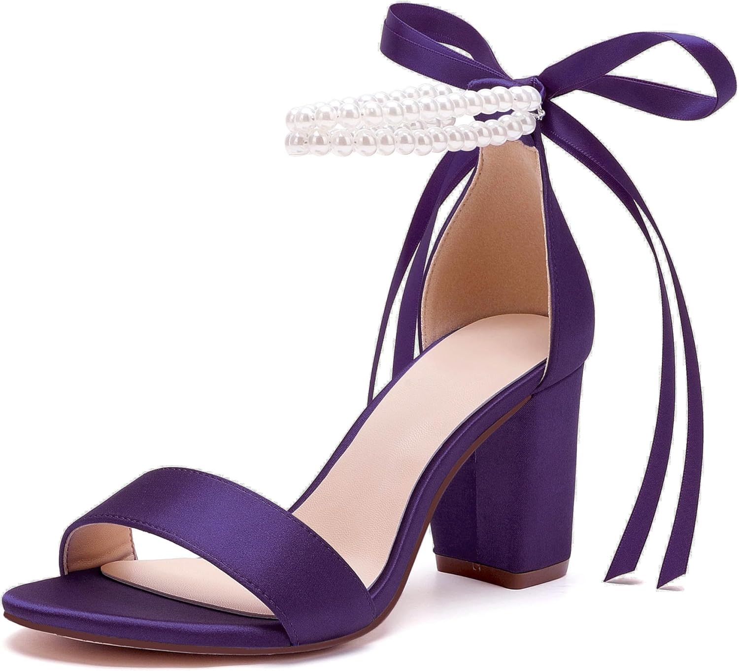 HKMFLYY Women's Open Toe Pearl Wedding Shoes for Bride High Heels Sandals Satin Bridal Block Chunky Heels Ankle Strap Prom Evening Party Pumps