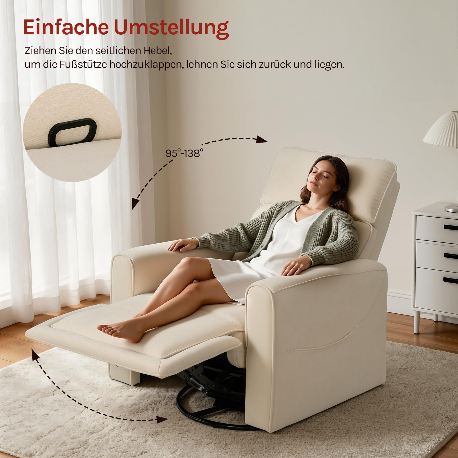 WOLTU Relaxsessel elektrisch, Fernsehsessel mit Liegefunktion, Beige | mit Wärmefunktion Massagefunktion, weicher Kopfstütze 2 Seitentaschen, bis 150 kg, aus Chenille, für Wohnzimmer Schlafzimmer