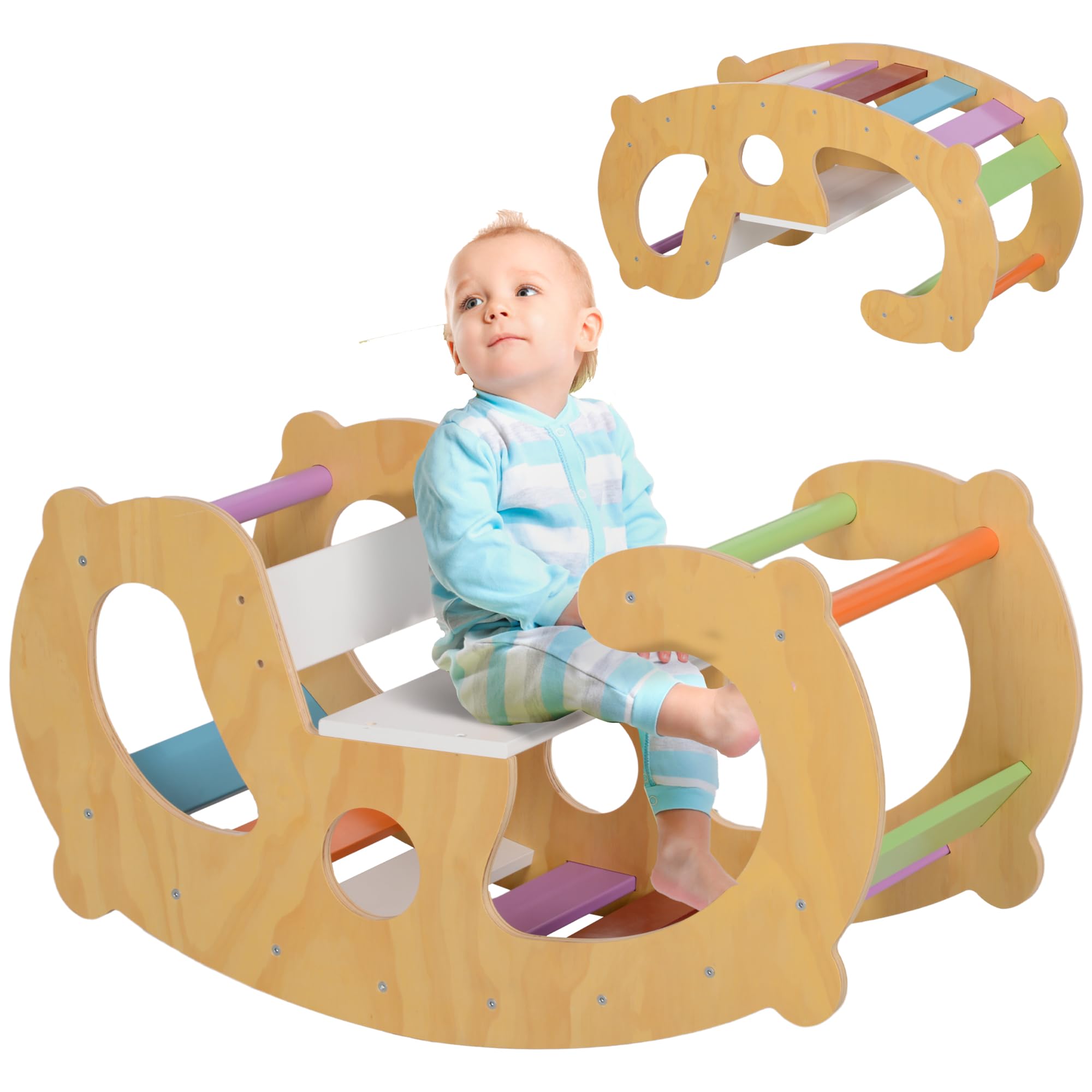 Qaba Climbing Toy for Toddlers, 2 in 1 Wooden Rainbow Climbing Arch Ladder Baby Rocker, Children Indoor Play Gym Montessori Climbing Learning Playset Playground for 18-48 Months