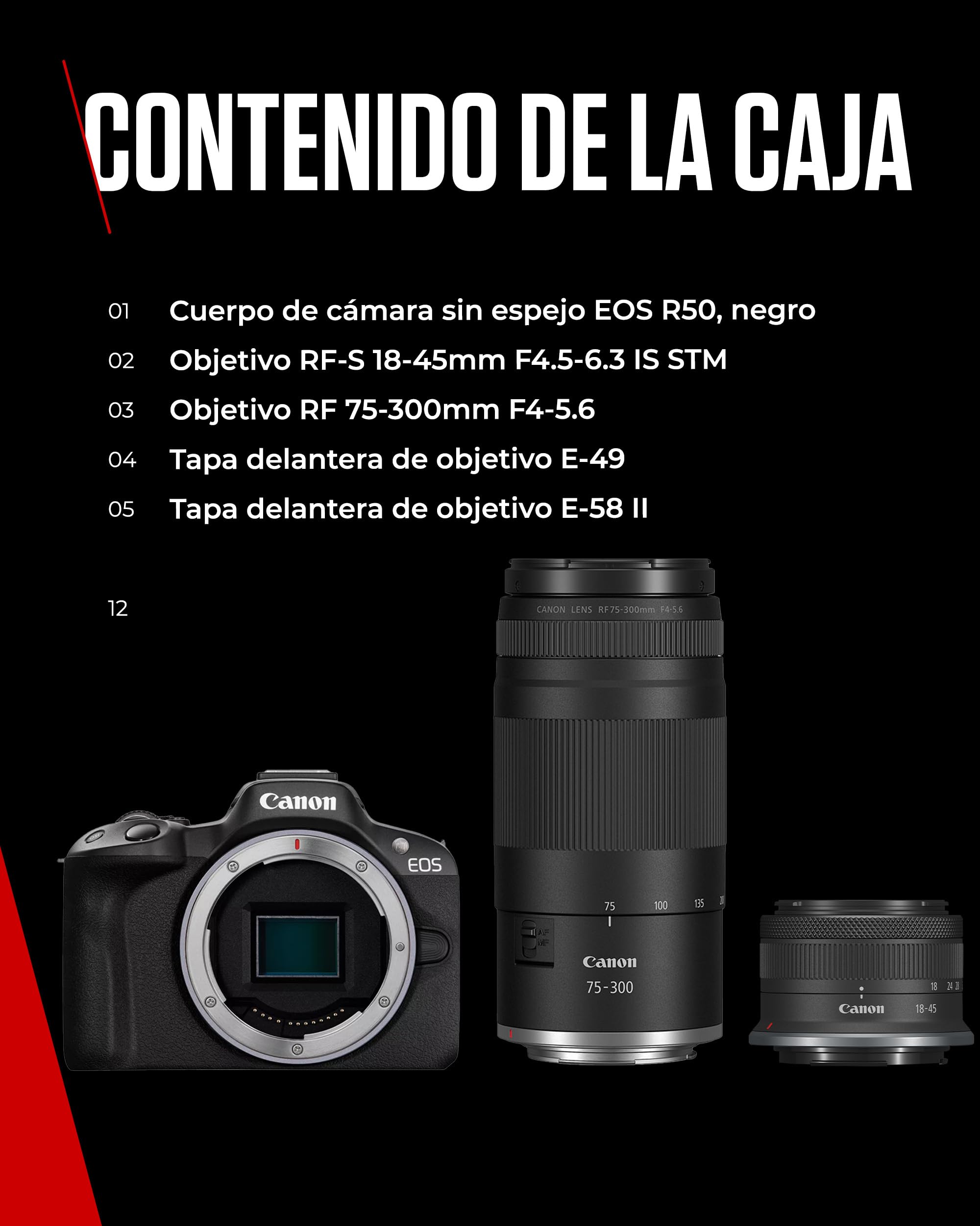 Canon EOS R50 Cuerpo Cámara Mirrorless + Objetivo RF-S 18-45 mm + RF 75-300mm Kit Doble Zoom -4 EV, Vídeo 4K 30 fps, Dual Pixel CMOS AF II, Pantalla Táctil de Ángulo Variable, Negro