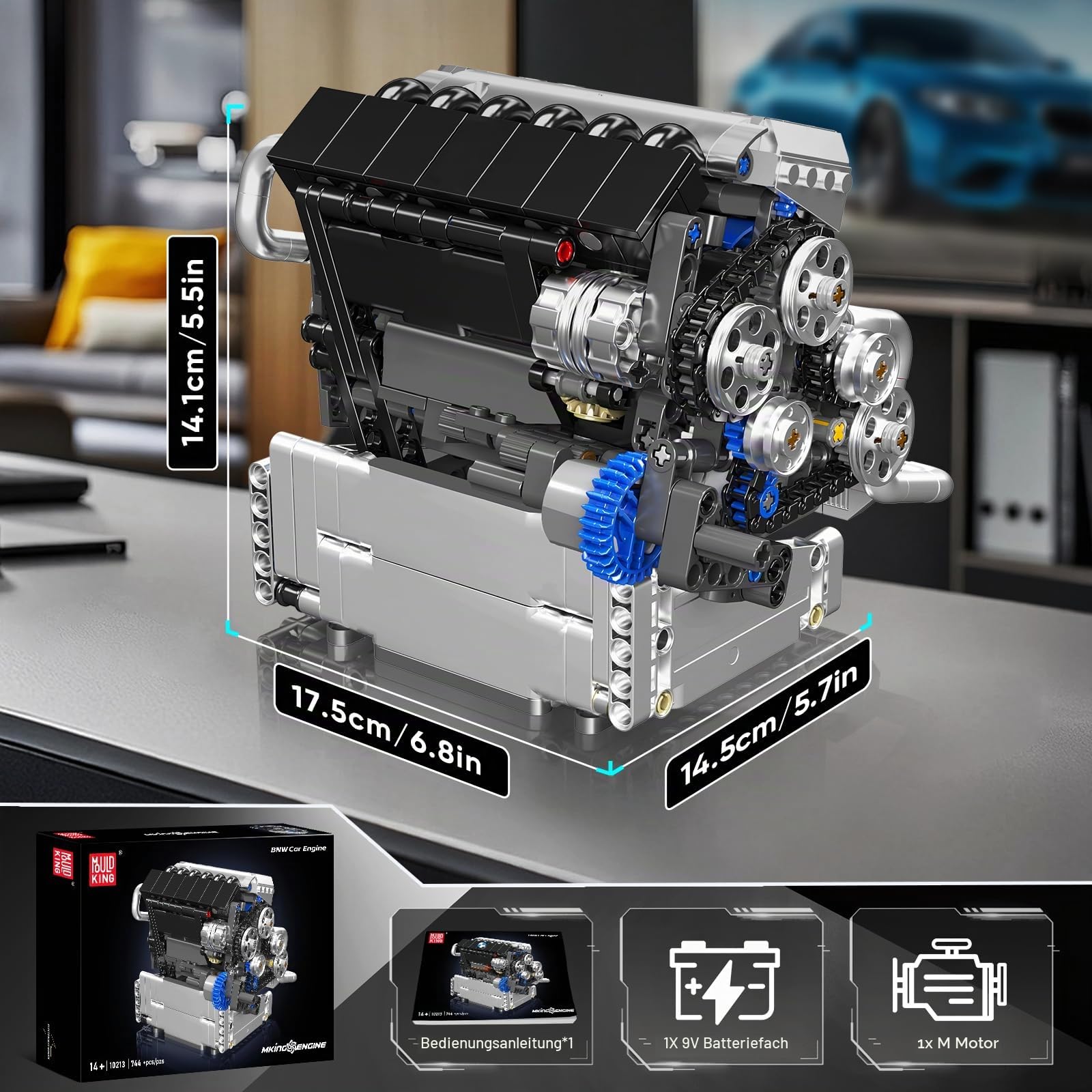 Mould King 10213 Auto Motor Klemmbausteine Bausatz Kit, Bauen Sie Ihr eigenes STEM-Motormodell-Spielzeug, Motorblöcke Set für Tennis 14+/Erwachsene Sammlungen Heim- oder Bürodekoration (744+ PCS)