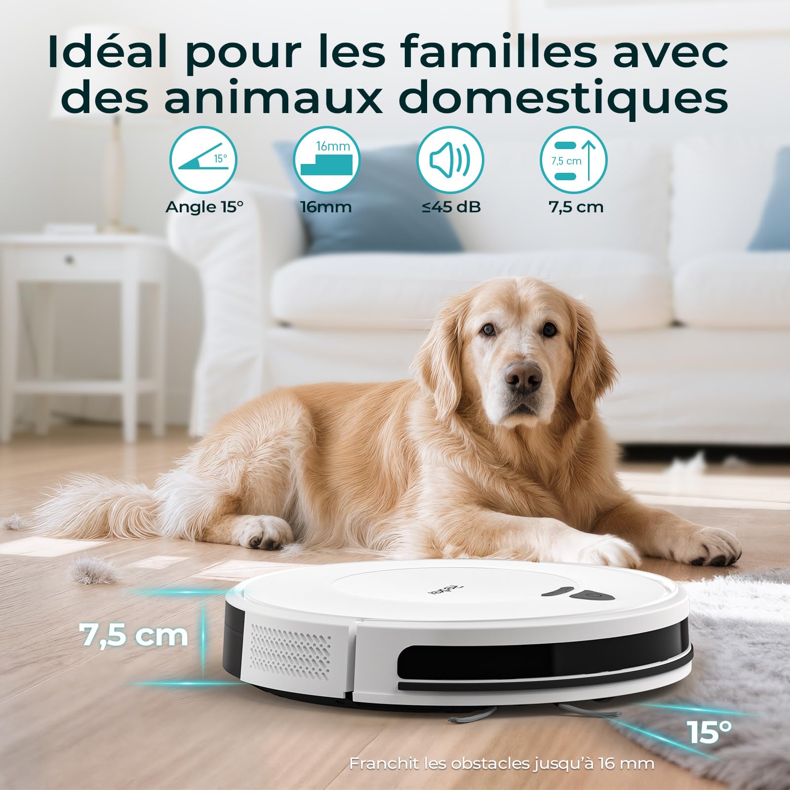 Redkey E6 Aspirateur Robot, Robot Aspirateur avec 7000 Pa Puissance d’Aspiration, Jusqu’à 170 Min Autonomie, avec Station de Charge, Télécommande et APP, Idéal pour Poils d’Animaux, Tapis, Sols Durs