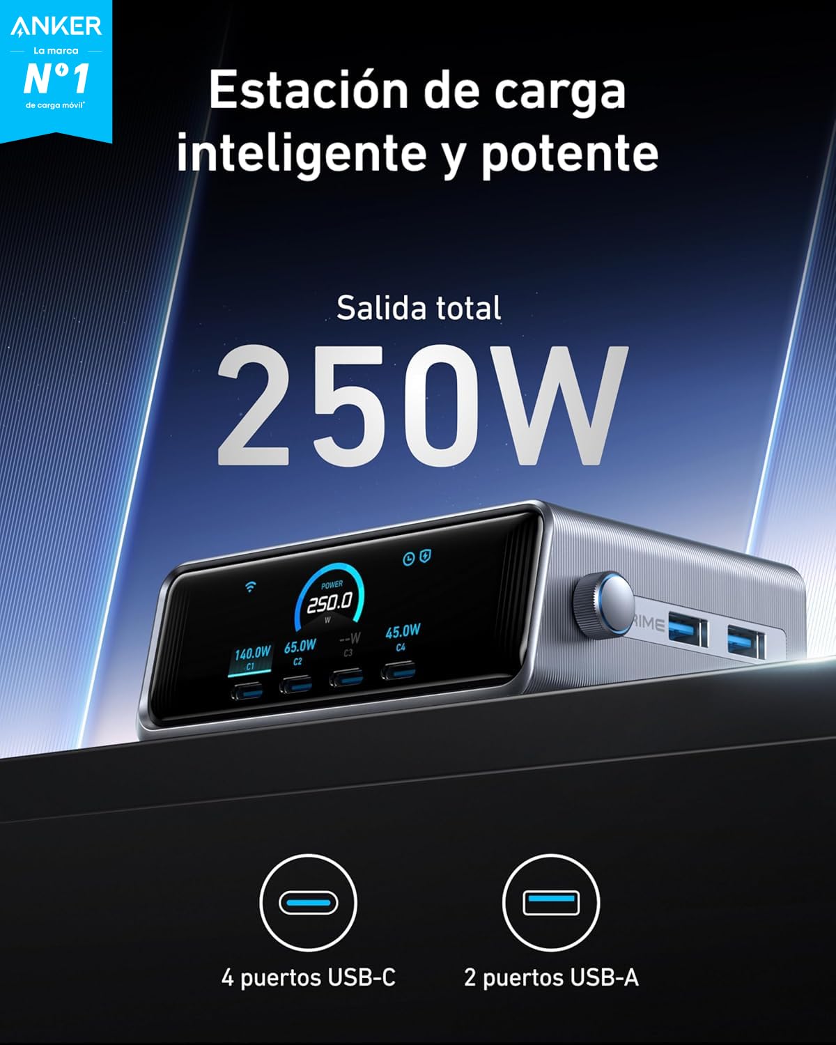 Anker Prime GAN Cargador USB C Carga Rapida 250 W, Estación de 6 Puertos, Pantalla LCD de 2,26" y Dial de Control Inteligente para MacBook Pro/Air, iPhone 17/16/15/14 Air, Pixel, Galaxy, Apple Watch