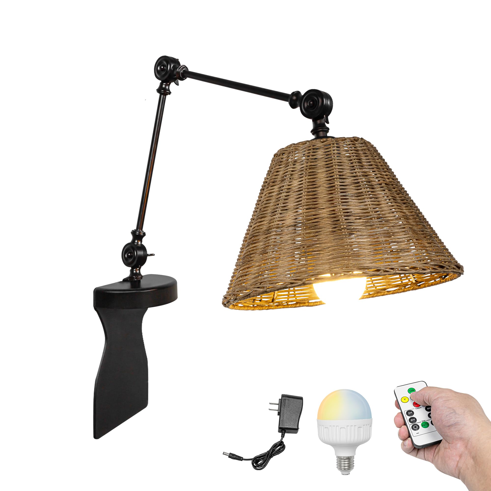 Kiven Battery Operated Headboard Reading Light, Dimmable No Drilling Reading Lamp, Farmhouse Rattan Nightstand Lamp with Adjustable Swing Arm,Remote for Reading Bedside Side Table Desk DZ0511