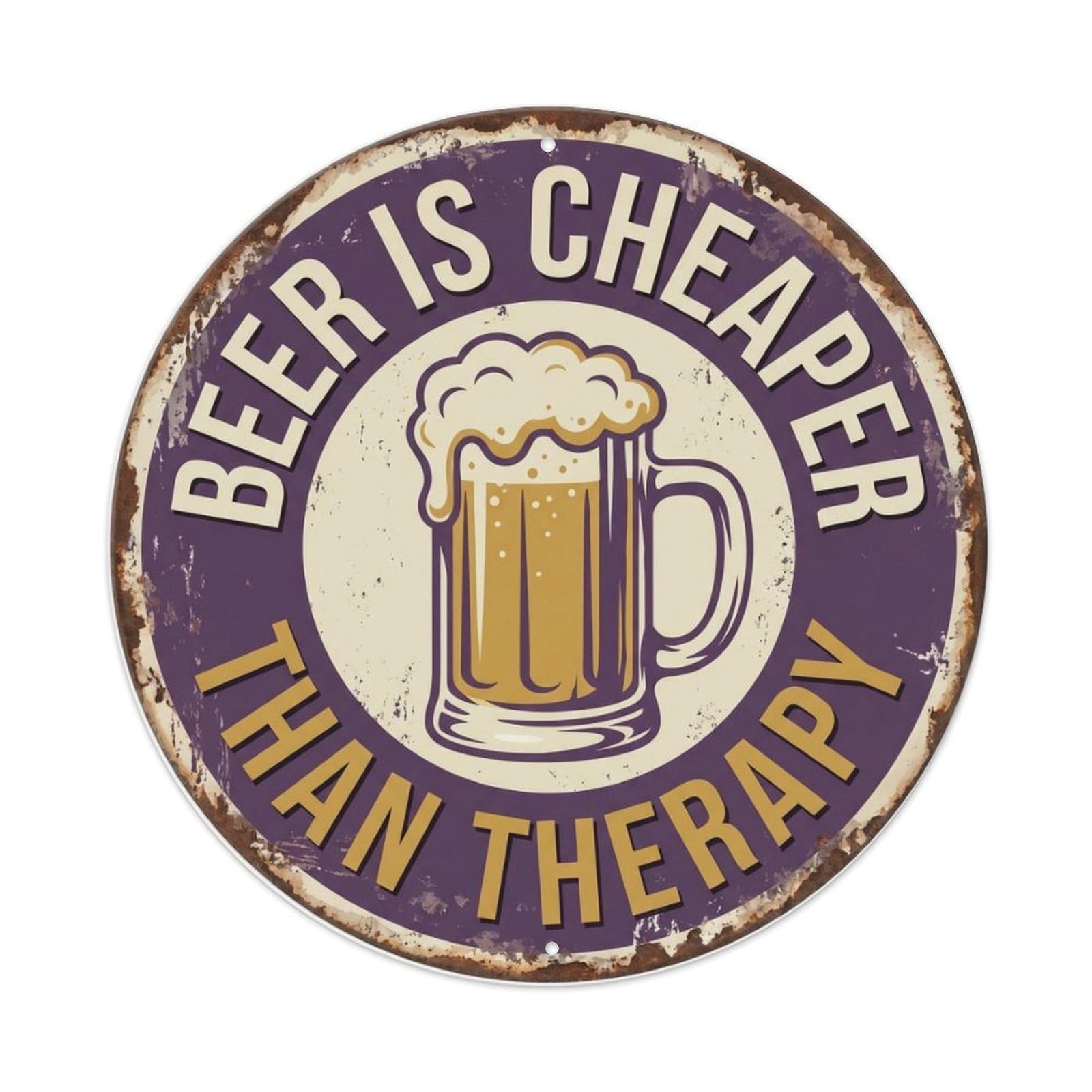 Retro Bar Therapy Cheaper Lounge Beer Metal Tin Sign Plaque Wall Decor for Cafe, Club Bar, Office, Home Garden Round Metal Poster 8x8Inch