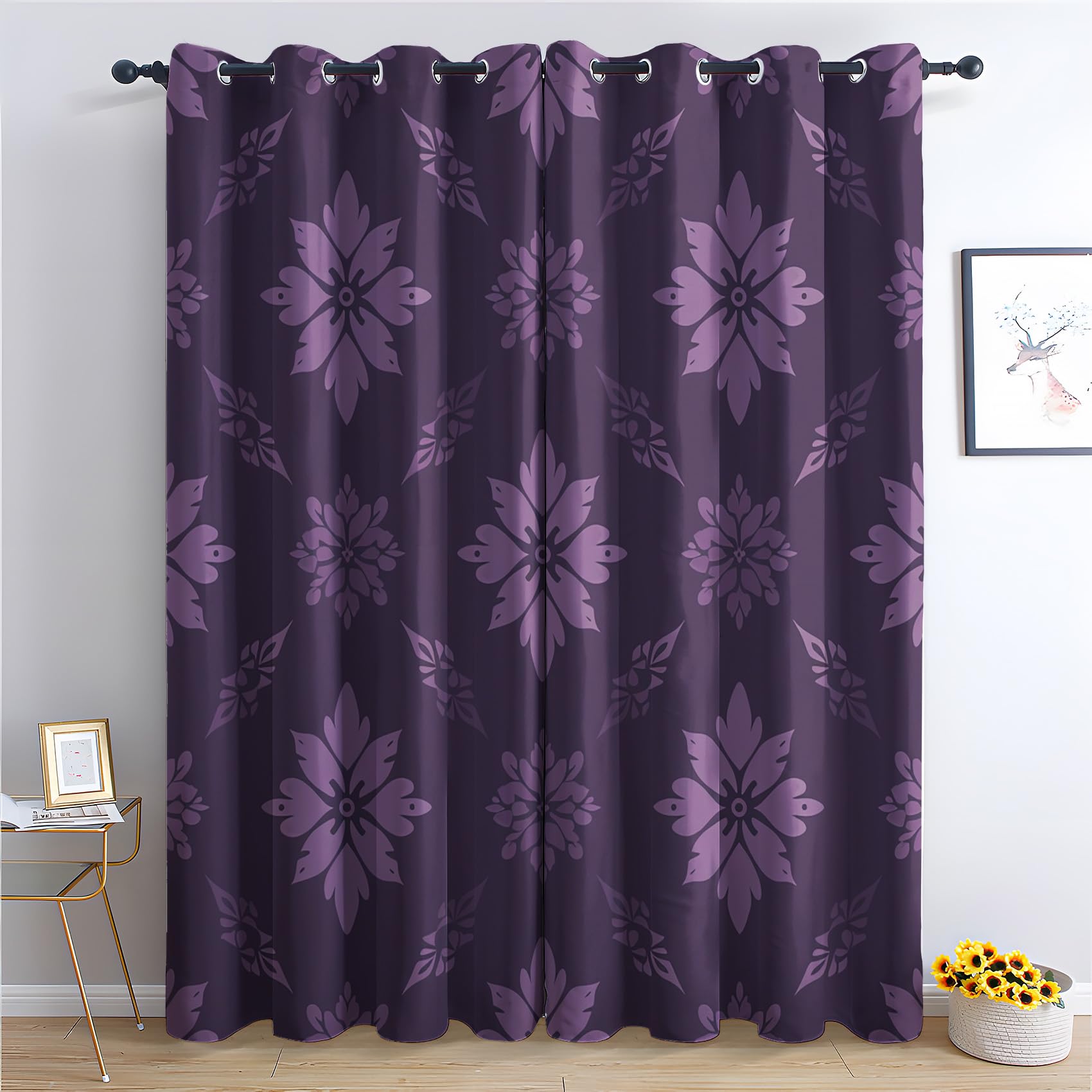 Zcwl Floral Curtains For Bedroom Living Room, Flower Purple Patterned Blackout Curtains, Thermal Insulated Eyelet Curtain, 90 Drop Window Treatments Drapes, 66X90 Inch (W X L), 2 Panels