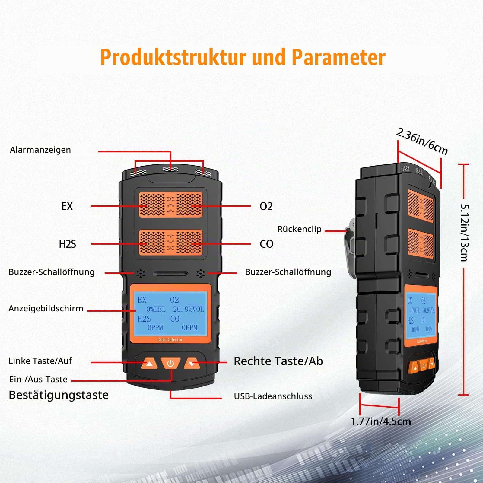 Tragbarer Gasdetektor, Wiederaufladbarer 4-Gasmonitor EX H2S CO O2 mit digitalem LCD-Display, Ton-Licht-Vibrationsalarm, persönliches 4-in-1 Gasmessgerät, Gastester-Analysator