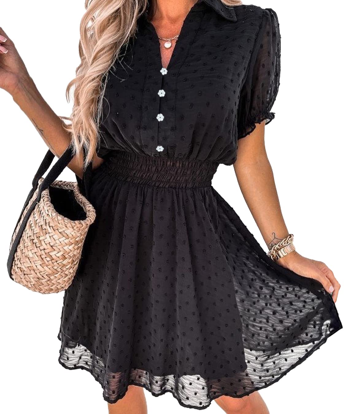 PRETTYGARDEN Women's Summer Dress Casual V Neck Short Sleeve Swiss Dots Elastic Waist A-line Flowy Mini Dresses