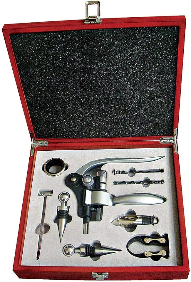 KIT PARA VINHO 10 PCS EM ESTOJO DE MADEIRA