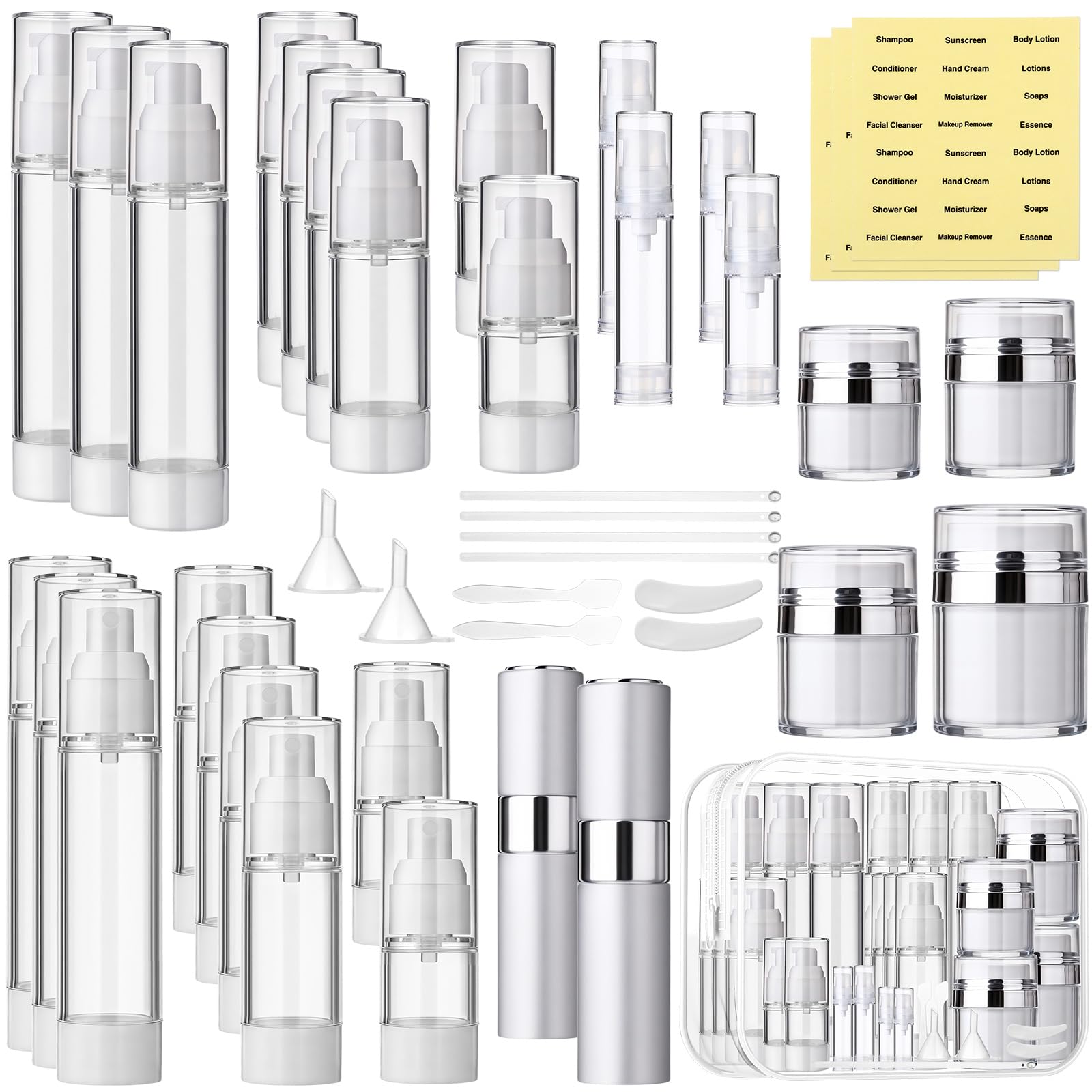 Meanplan Airless-Pumpdosen-Set, 43 Stück, 48,2/28,3/19,8/14,2/9,64/4,82 g, transparente Hautpflegebehälter mit Etikettenbeutel, nachfüllbar, Make-up, Hautpflege, Reisegröße, leere Flaschen für