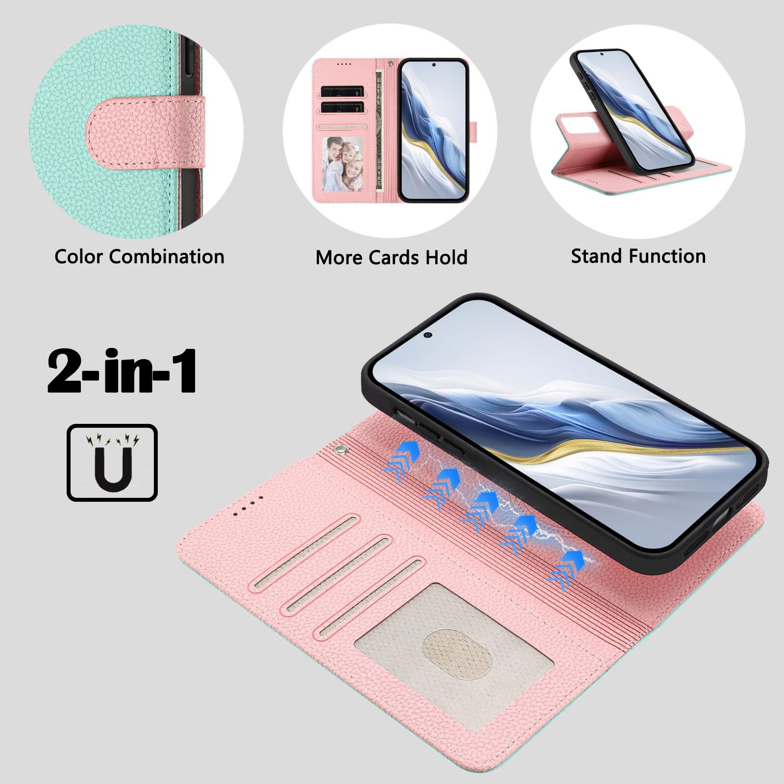 Generic Étui compatible avec Samsung Galaxy S23 Ultra (couleur : menthe) Étui portefeuille en cuir grainé amovible à rabat magnétique