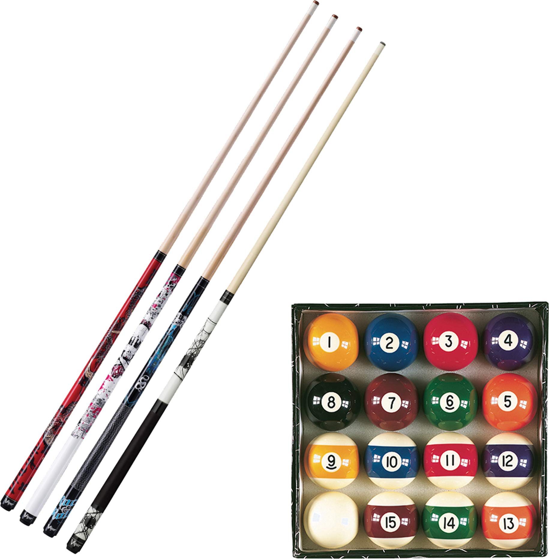 Viper Billiard Master Pool Ball Set, Viper Junior Spider Cue, Viper Underground Jr Rock & Roll Cue, Viper Underground Jr Dragon Cue, and Viper Underground Jr Pink Bones Cue